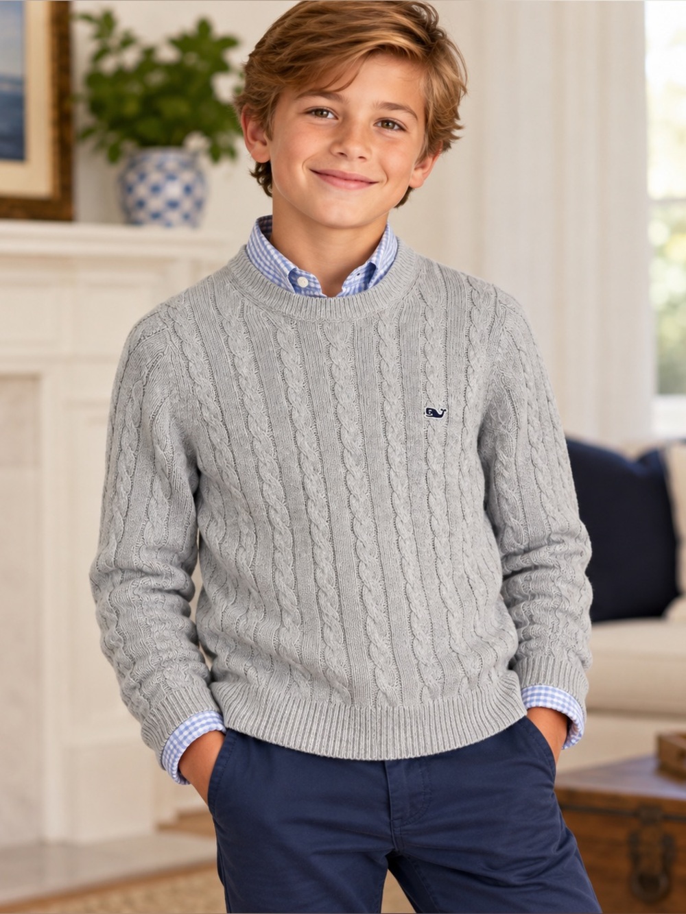 Vineyard Vines Boys M Cable Knit Sweater Cotton Cashmere Gray Preppy NWT NEW